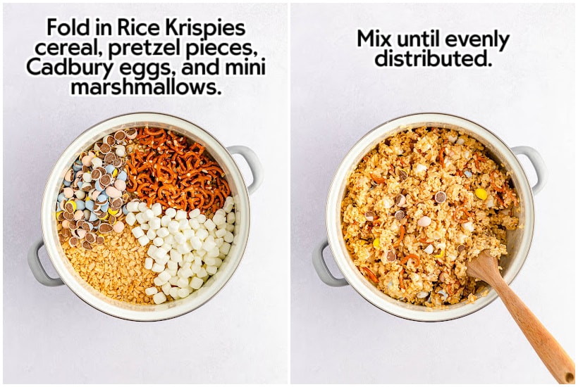 Side by side images of Rice Krispies, mini marshmallows, pretzels and chopped Cadbury mini eggs added to pot and stirring them into the butter mixture with text overlay.