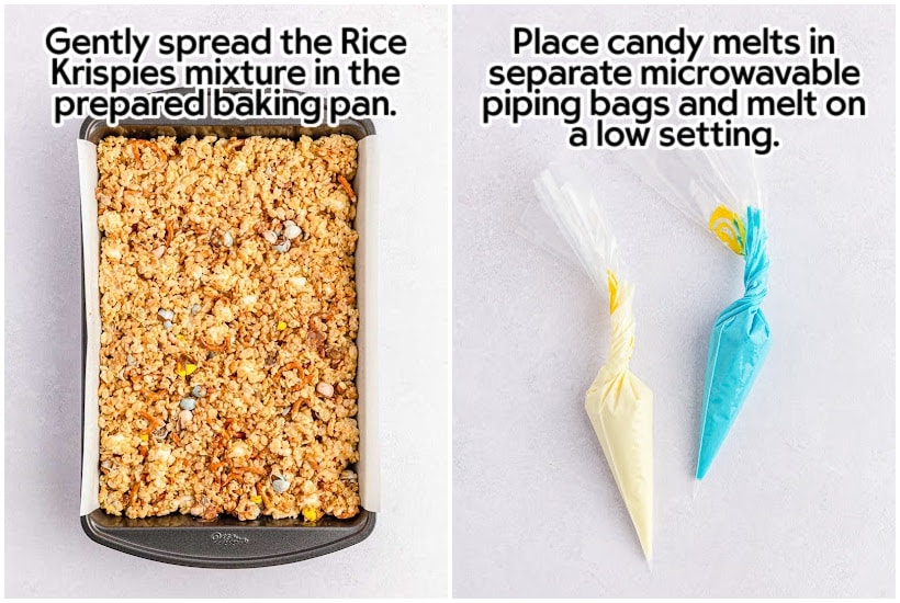 side by side images of Easter Rice Krispie treats in a pan and 2 bags of melted chocolate with text overlay.