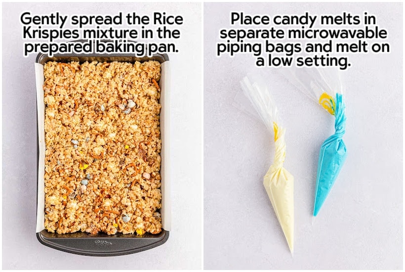 Side by side images of Easter Rice Krispie treats in a pan and 2 bags of melted chocolate with text overlay.