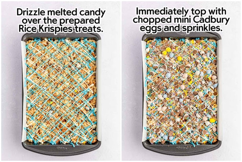 Side by side images of Easter Rice Krispies treats decorated with melted chocolate and chopped Cadbury mini eggs with text overlay.