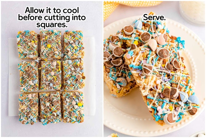 side by side images of Easter Rice Krispies treats cut into squares and two squares stacked on a white plate with text overlay.