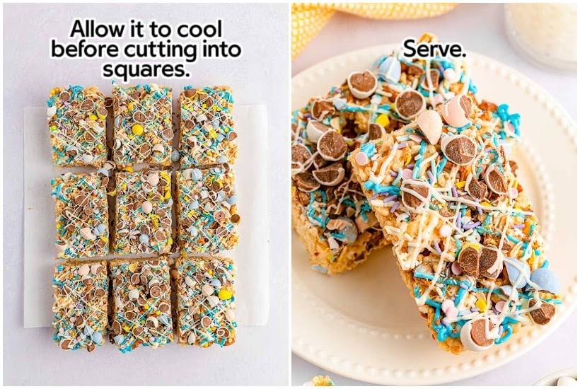 Side by side images of Easter Rice Krispies treats cut into squares and two squares stacked on a white plate with text overlay.