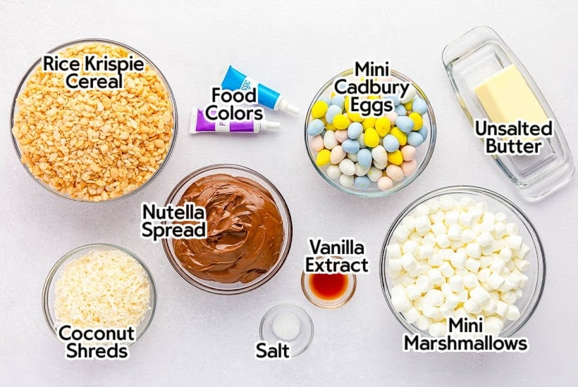 Labelled ingredients to make Rice Krispie nests on a white background.