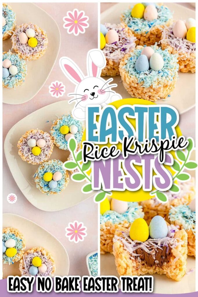 three photo collage of Rice Krispie nests decorated with Easter grass and mini chocolate eggs.