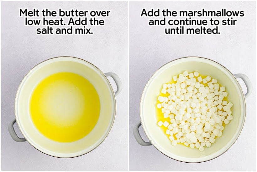two photo collage of pan of melted butter and marshmallows added to melted butter with text overlay.