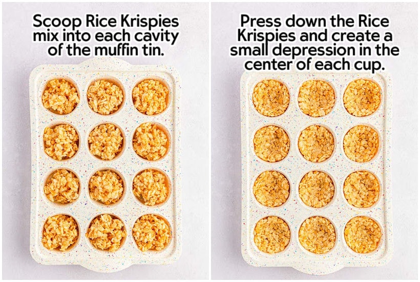 Two photo collage of adding cereal mixture to muffin pan and pressing it into the wells with text overlay.