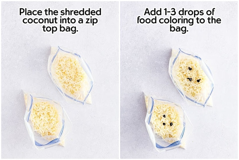 Two photo collage of shredded coconut in plastic bags and adding food coloring to the bags with text overlay.