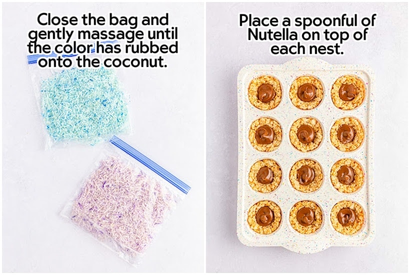 Two photo collage of colored coconut in bags and adding Nutella to cereal nests with text overlay.
