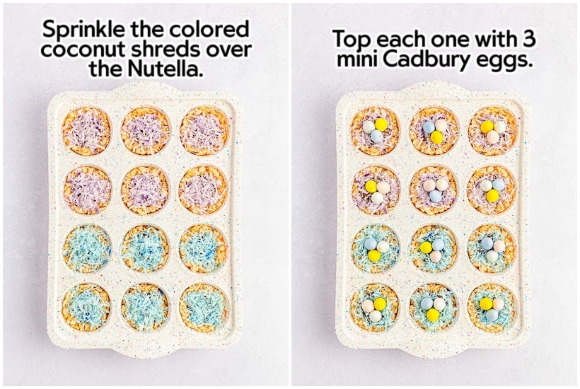 two photo collage of adding colored coconut and mini eggs to nests with text overlay.