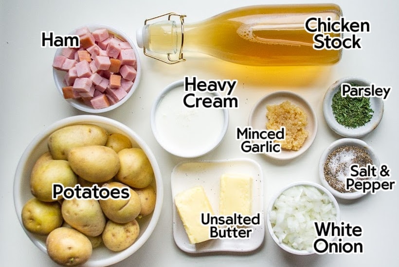 Labeled ingredients needed to make Slow Cooker Ham and Potato Soup.