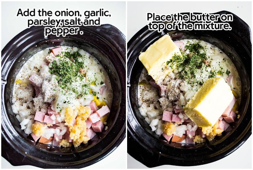 Two images of seasonings added to ham and potatoes and butter added to the crock pot with text overlay.