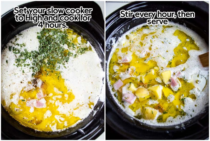 Two images of Slow Cooker Ham and Potato Soup in a crock pot with text overlay.