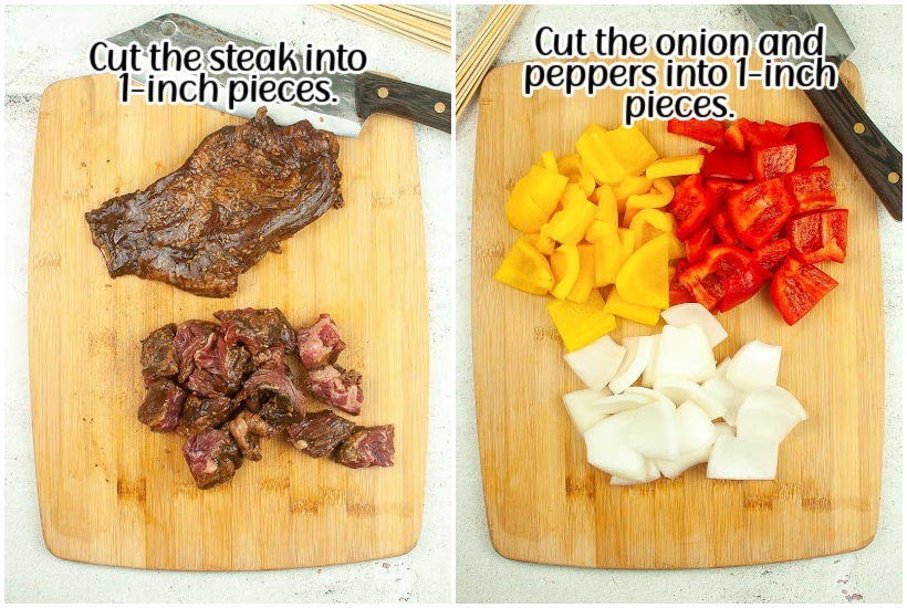 Side by side images of steak cut into pieces on a cutting board and onions and peppers cut into pieces on a cutting board with text overlay.