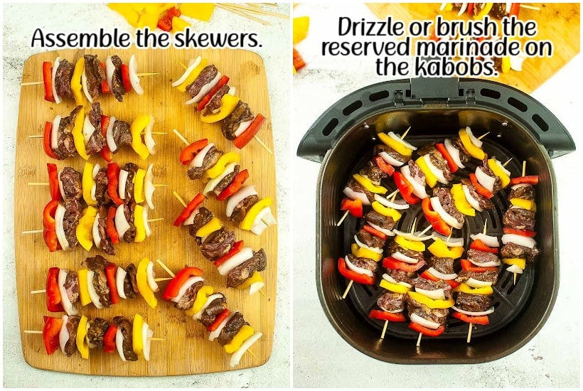 Two images of beef kabobs assembled on skewers and skewers in an air fryer basket with text overlay.