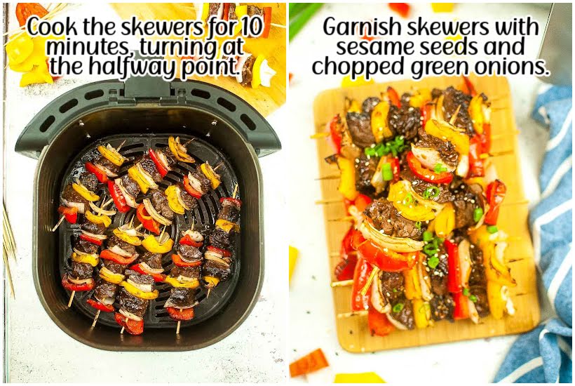 Side by side images of cooked kabobs in an air fryer basket and a cutting board with cooked skewers with text overlay.