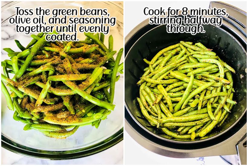 Side by side images of a mixing bowl filled with seasoned string beans and in the air fryer basket with text overlay.
