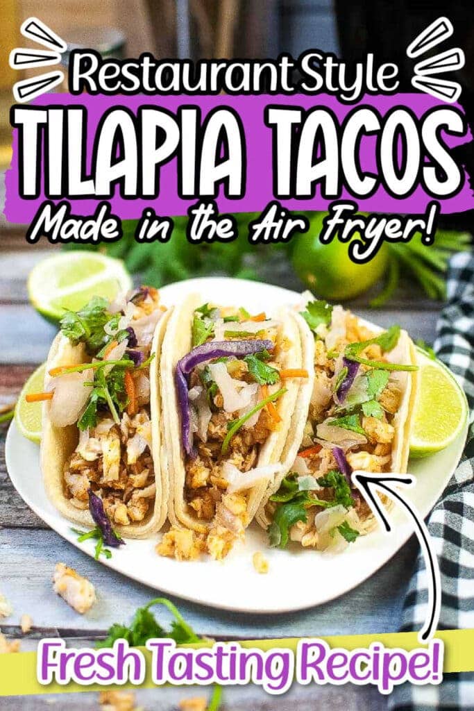 Square white plate of air fryer tilapia tacos with text overlay.
