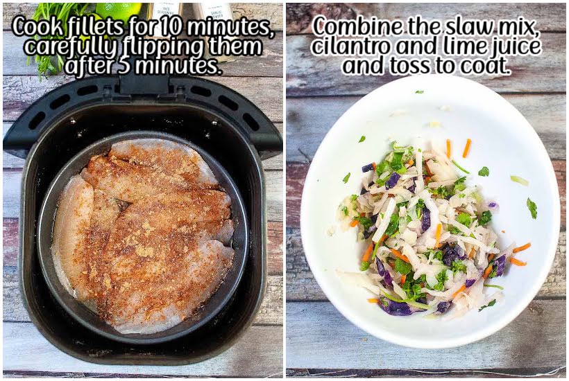Side by side images of tilapia in air fryer basket and slaw with seasonings in a small white dish with text overlay.
