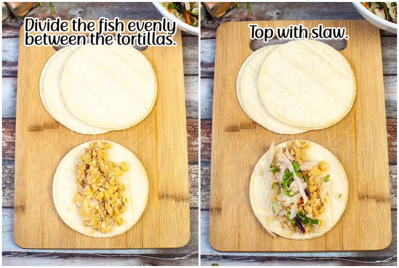 Two images of fish divided on tortillas and slaw added to tortillas on cutting boards with text overlay.
