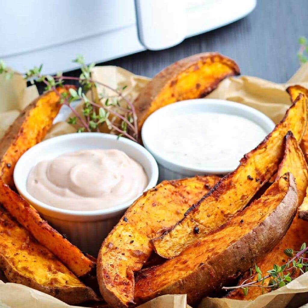 Air fried sweet potato wedges with bowls of dipping sauce.