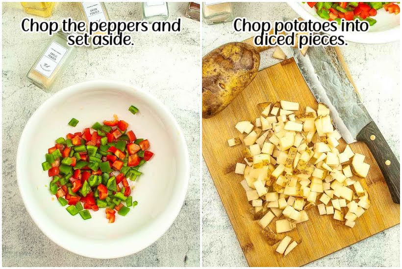 Side by side images of peppers in a bowl and chopped potatoes on a cutting board next to a knife with text overlay.