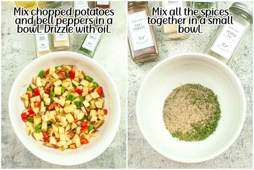 Two images of a mixing bowl with potatoes and peppers drizzled with oil and spices in a mixing bowl with text overlay.