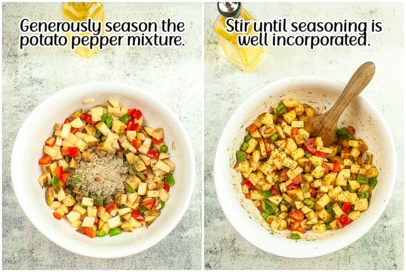 Two images of seasoning added to potato pepper mixture and seasoning stirred into peppers and potatoes with a wooden spoon with text overlay.