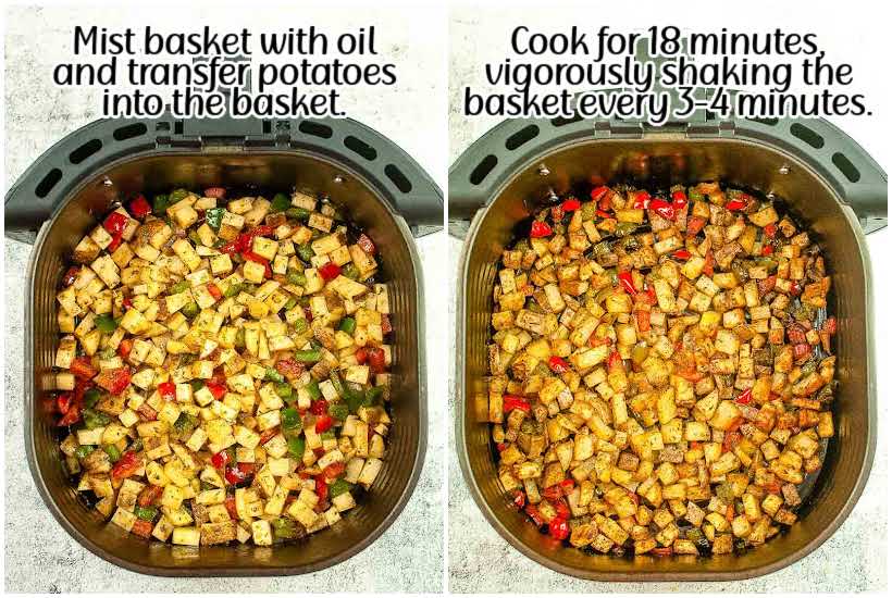 Side by side images of an air fryer with Breakfast Potatoes in it and Air Fryer Breakfast Potatoes after they have been cooked with text overlay.