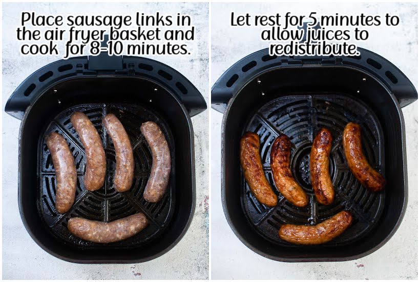 Two images of uncooked sausage links in an air fryer basket and Italian Sausages after being cooked with text overlay.