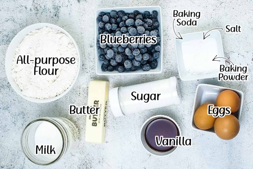 Labelled ingredients needed to make air fryer blueberry muffins.