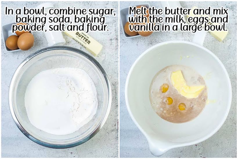 Side by side images of flour, sugar and seasonings in a bowl and a mixing bowl of butter, milk and eggs with text overlay.