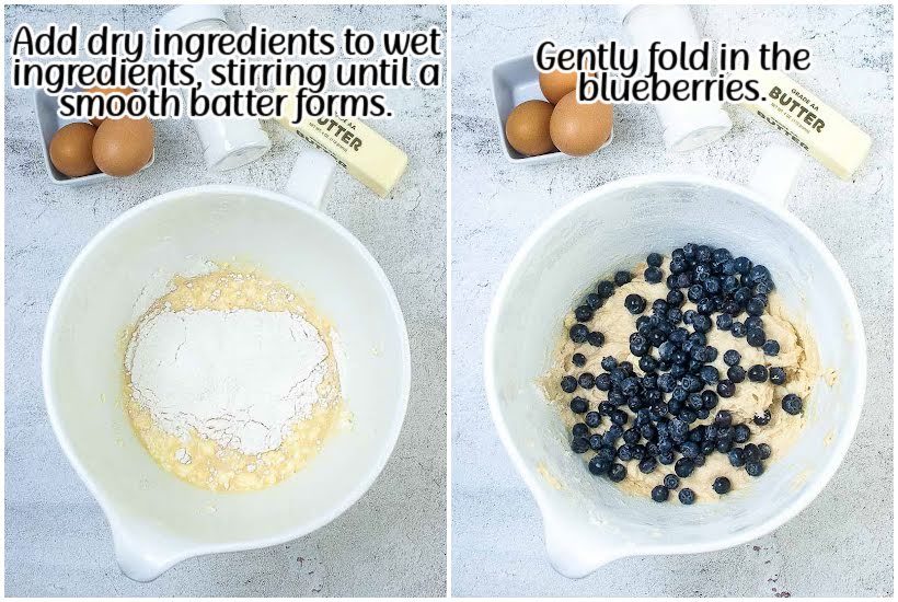 Two images of dry ingredients added to wet ingredients and blue berries added to batter mixture with text overlay.