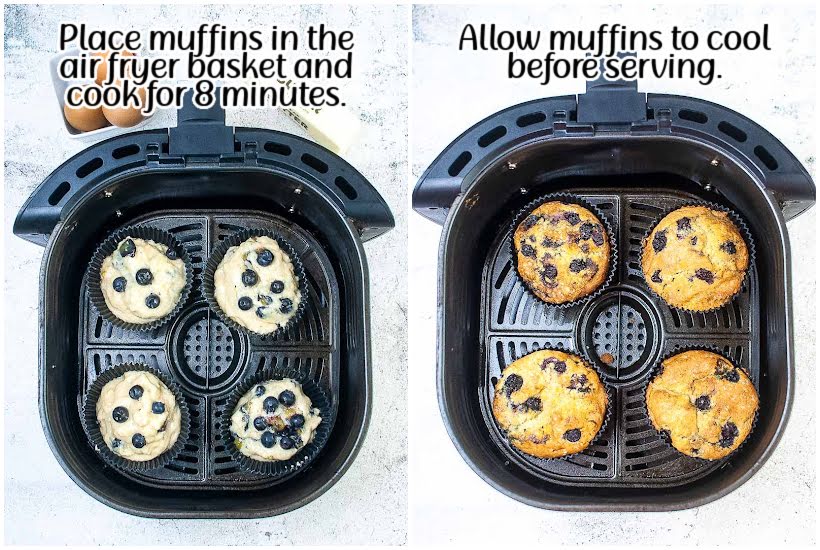 Side by side images of muffin cups filled with batter and placed in air fryer basket and cooked muffins in basket with text overlay.