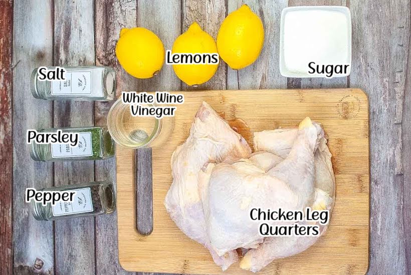 Ingredients needed to make air fryer chicken leg quarters with text overlay.