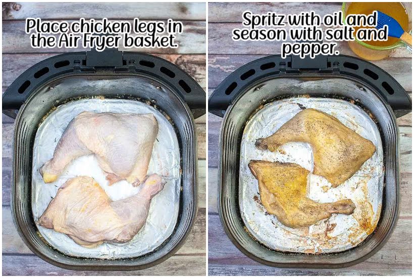 Side by side images of chicken in air fryer basket and chicken seasoned with oil, salt, and pepper with text overlay.