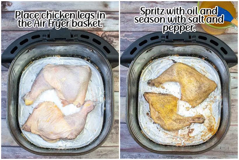 Side by side images of chicken in air fryer basket and chicken seasoned with oil, salt, and pepper with text overlay.