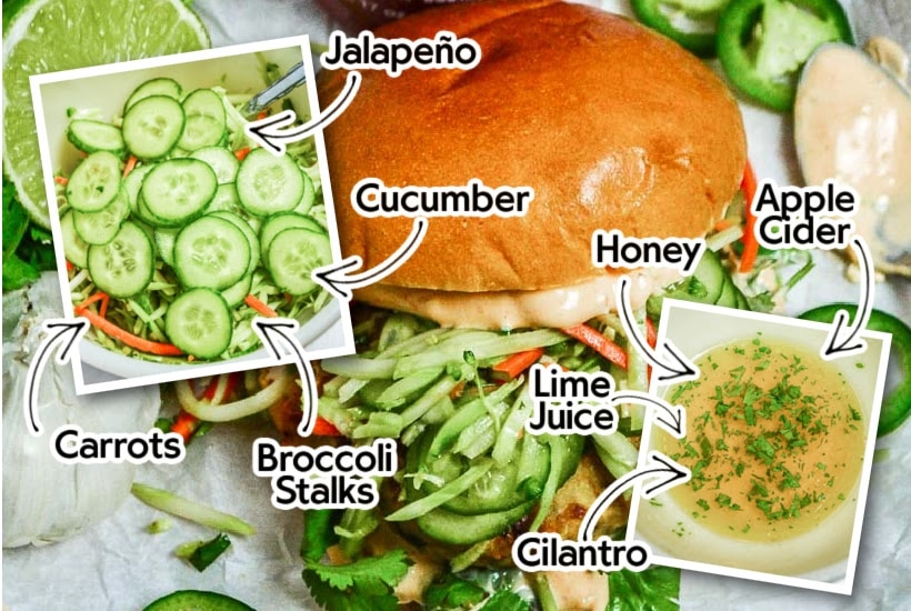 Background image of Asian chicken burger with two images of slaw and dressing ingredients with text overlay.