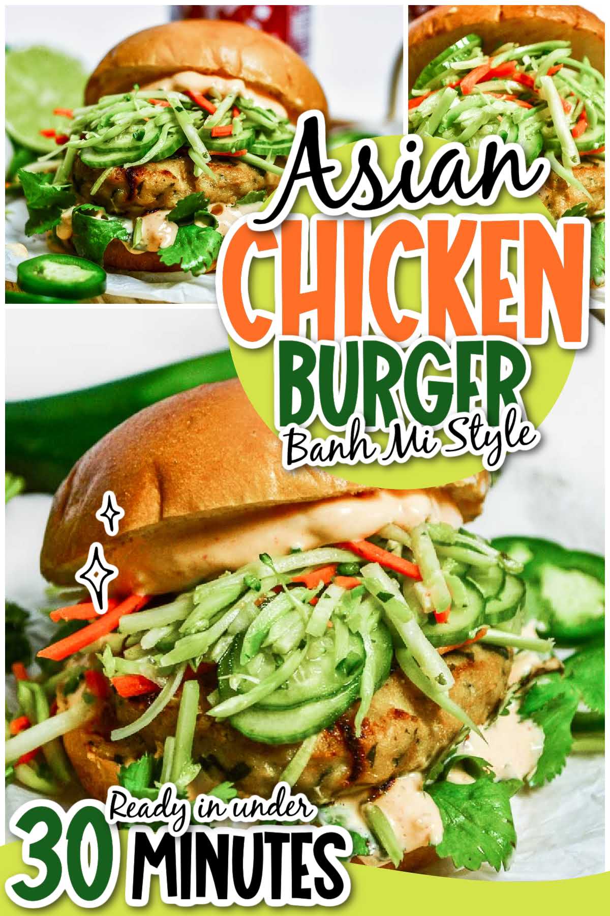 Three image collage of various views of Asian Chicken Burgers with text overlay.