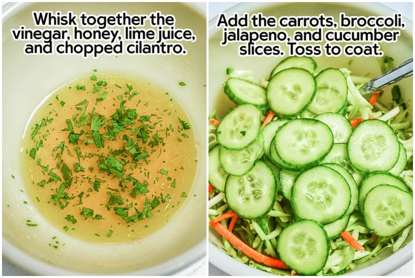 Side by side images of a mixing bowl with dressing in it and slaw and sliced cucumbers in a mixing bowl with text overlay.