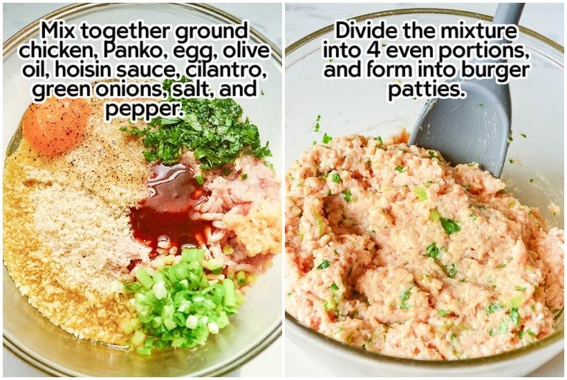 Side by side images of chicken burger ingredients in a mixing bowl and mixture after being stirred together with text overlay.