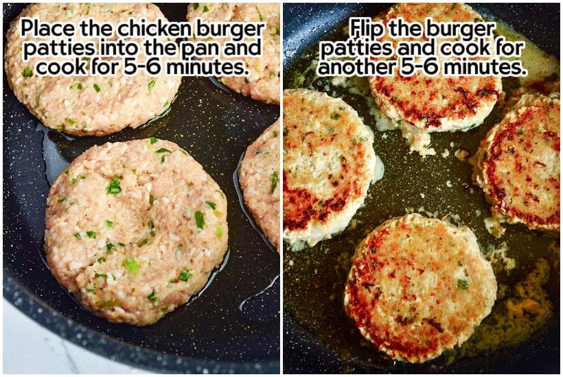 Side by side images of raw burgers in a skillet and burgers being cooked in a pan with text overlay.