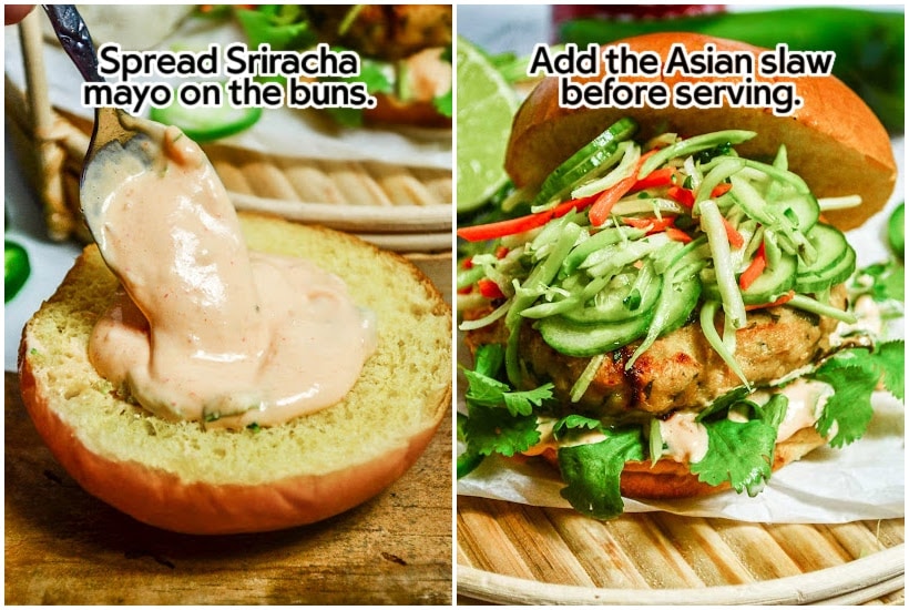 Two images of Sriracha mayo being spread on the top bun and topping the burger with slaw with text overlay.
