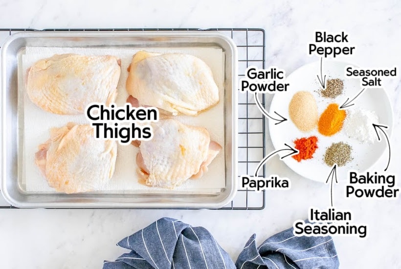 Labeled ingredients needed to make crispy baked chicken thighs.