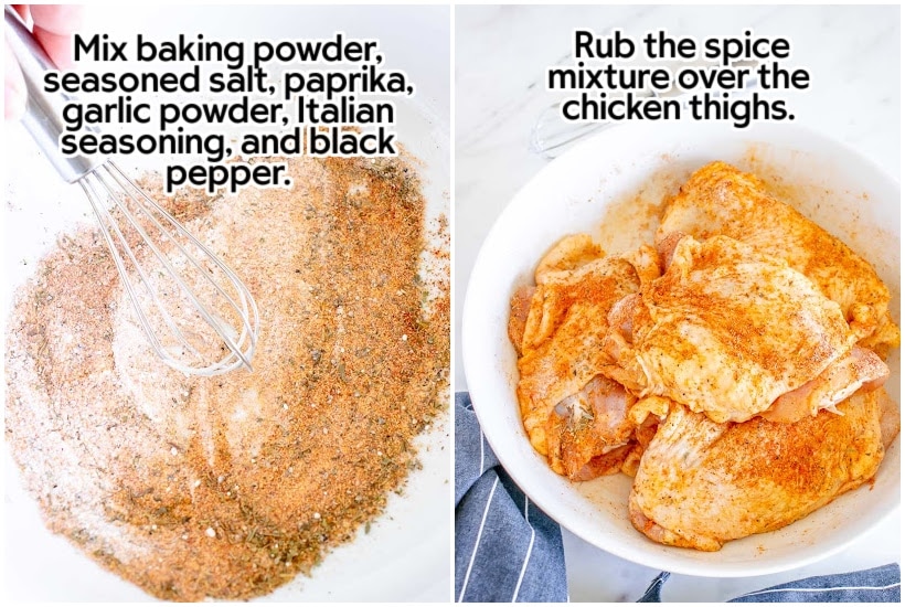 Side by side images of seasonings mixed together in a mixing bowl and spices rubbed over chicken in a bowl with text overlay.
