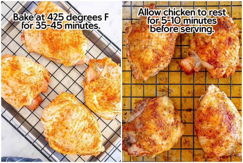 Overhead view of uncooked chicken thighs on a wire rack over a cookie sheet and cooked chicken on a cooling rack with text overlay.