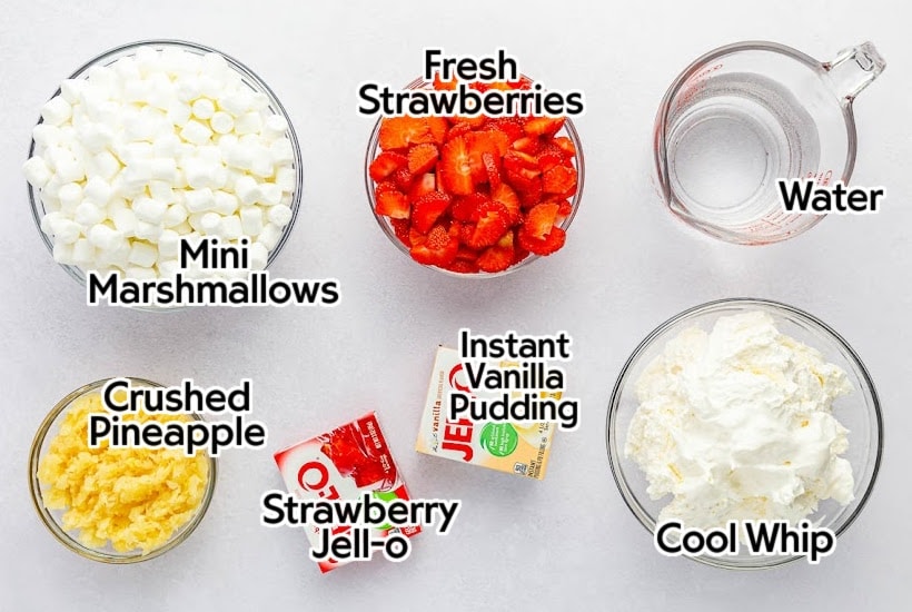 Ingredients needed to make strawberry fluff salad recipe with text overlay.