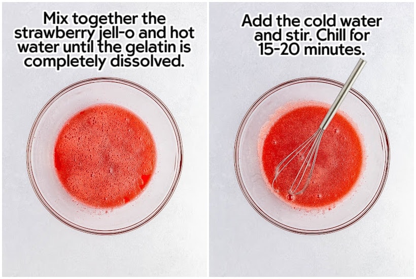 Side by side images of strawberry jello and hot water mixed together in a bowl and cold water added to the mixture with a whisk inserted with text overlay.