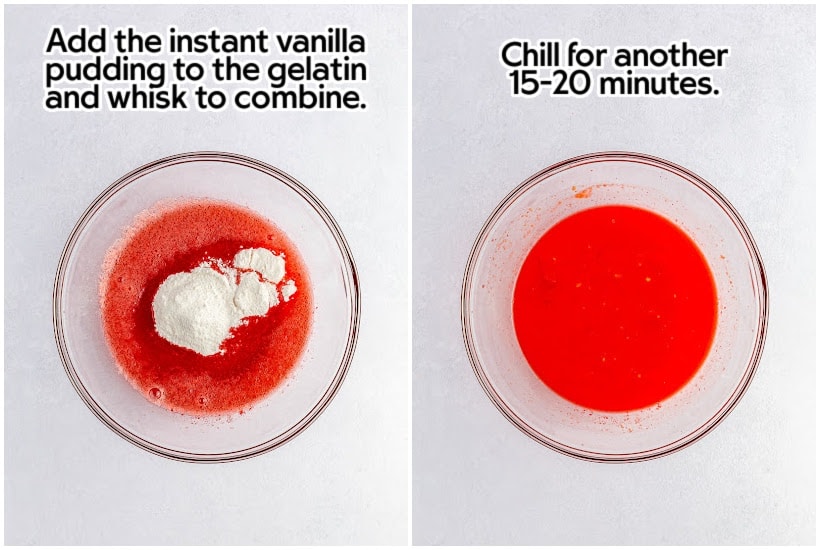 Two images of vanilla pudding added to the gelatin and mixture after being chilled with text overlay.