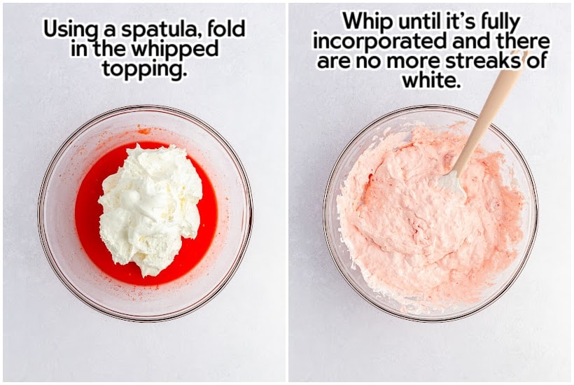 Side by side images of whipped topping added to gelatin and the mixture stirred together with a spatula with text overlay.