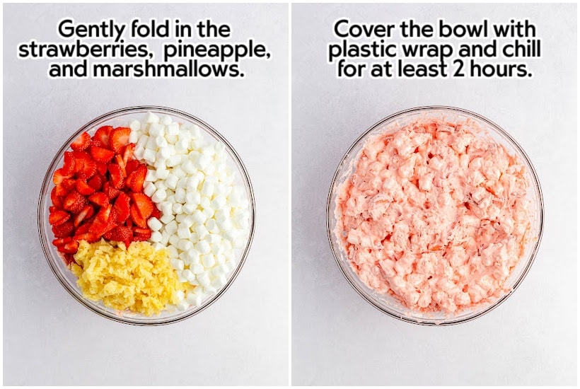 Two images of strawberries, pineapple, and marshmallows in a mixing bowl and toppings mixed into salad with text overlay.